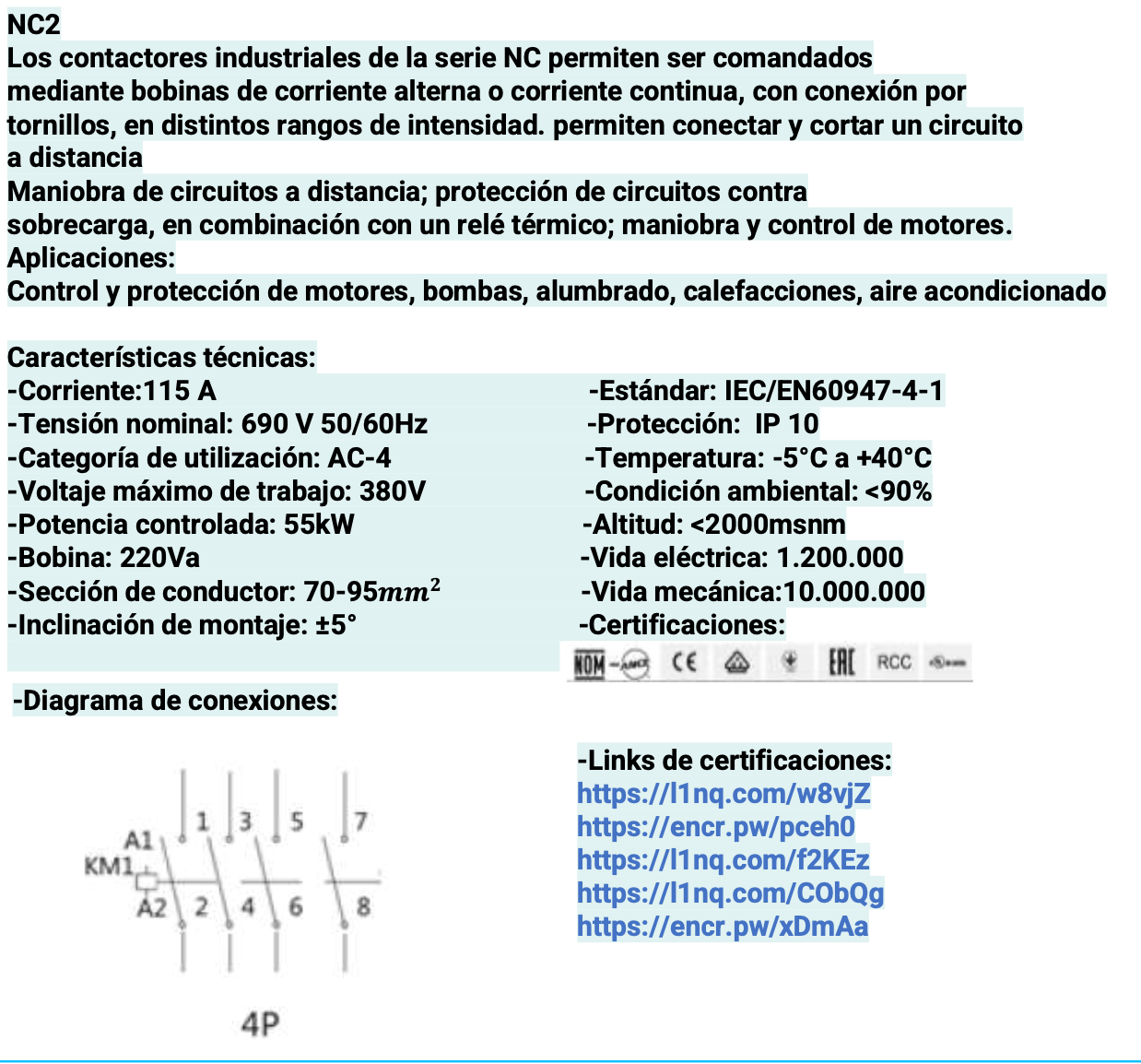 Contactor CHINT NC2-115/4 – 115 A, 4 polos (4NA), 55 kW (AC-3/380 V), bobina 220 V AC - Código 03011159011CH