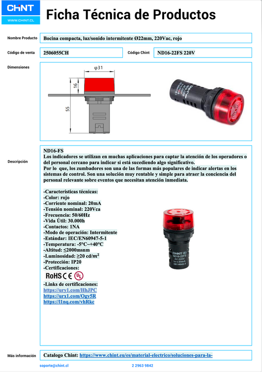 Pack de 100 Bocinas Luz‑Sonido Intermitente CHINT ND16‑22FS Ø22 mm 220 VAC Roja – Código 2506055CH