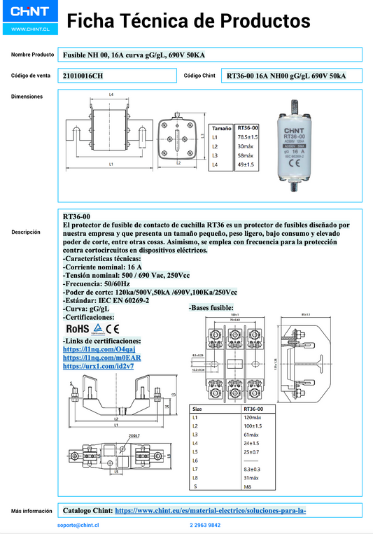 Pack de 3 Fusibles NH00 CHINT RT36‑00 16 A gG/gL 690 V 50 kA – Código 21010016CH