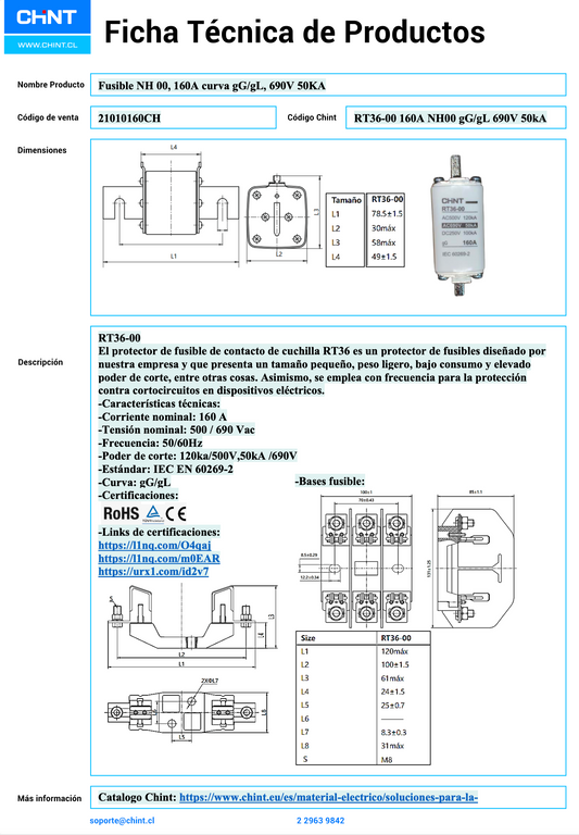 Pack 3 Fusibles NH00 CHINT RT36‑00 160 A gG/gL 500 V AC 120 kA / 690 V AC 50 kA – Código 21010160CH