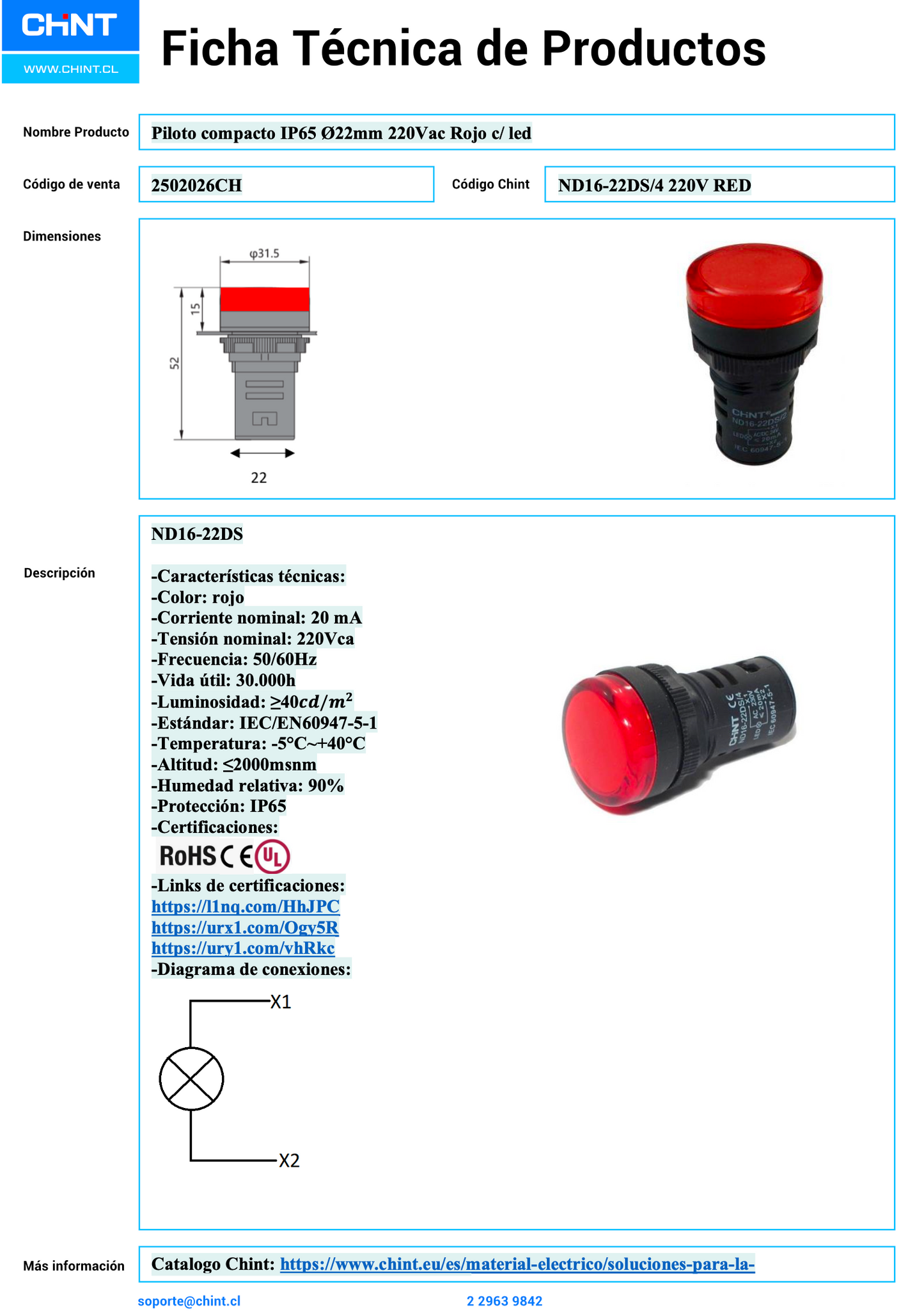 Pack de 10 Piloto Compacto CHINT ND16‑22DS/4 Rojo Ø22 mm 220 V AC – IP65 | Código 2502026CH
