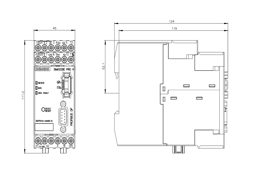 Módulo Base Siemens SIMOCODE pro V PB 3UF7010-1AU00-0 4 Entradas / 3 Salidas PROFIBUS DP 110–240 V AC/DC – Código 3UF7010-1AU00-0 ￼