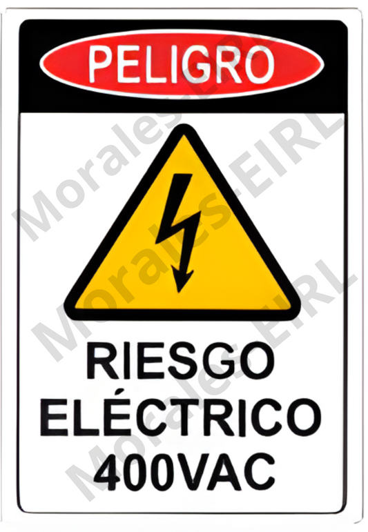 Adhesivo de Seguridad Eléctrica Laminado – [PELIGRO RIESGO ELECTRICO 400VAC] [150] x [200] mm