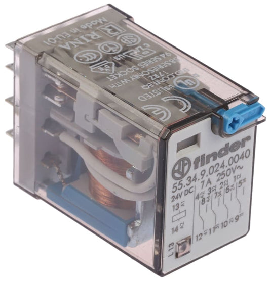 Relé Industrial Finder 55.34.9.024.0040 4PDT 7 A 24 VDC con Indicador Mecánico y Botón de Prueba – Código 55.34.9.024.0040