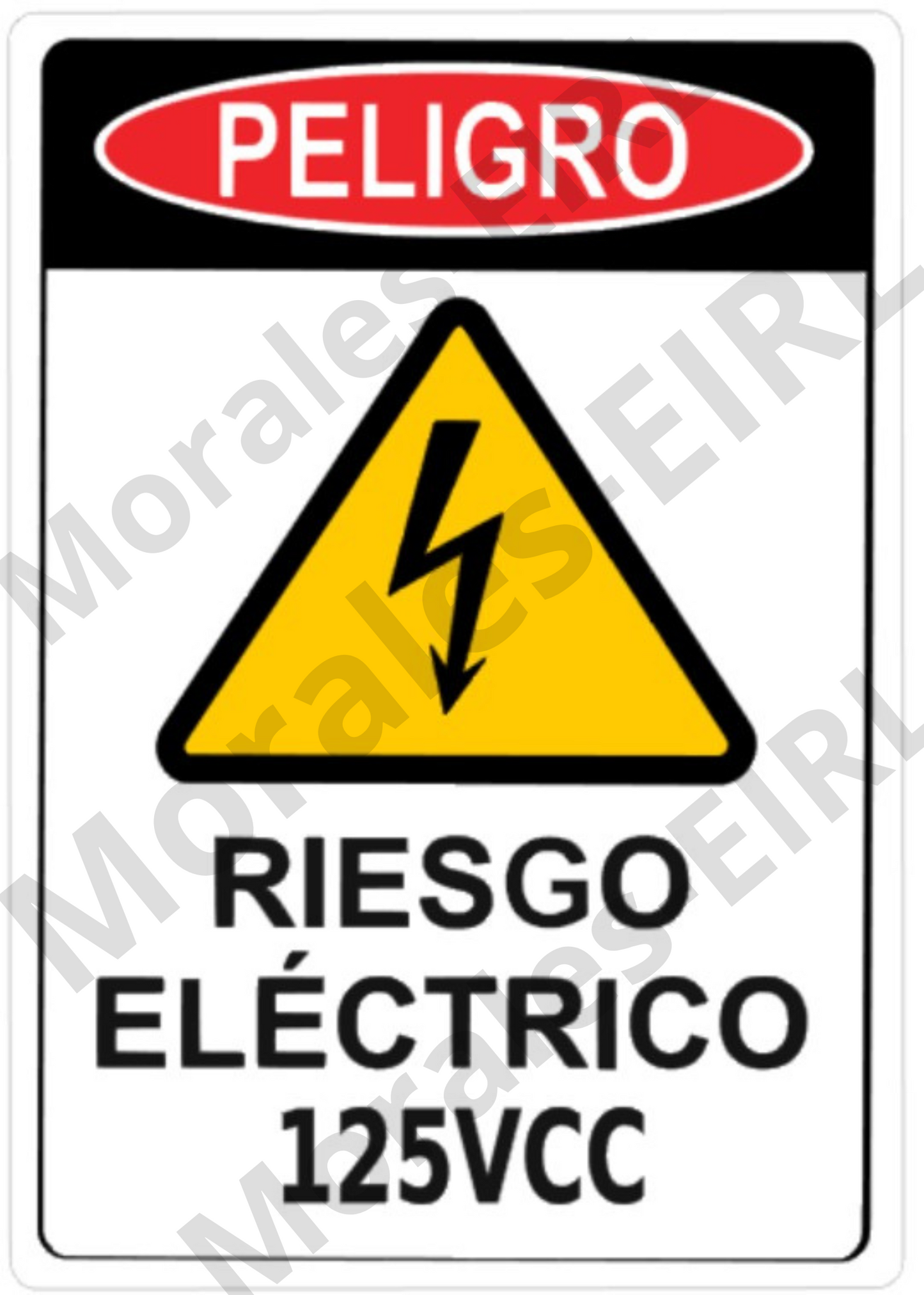 Adhesivo de Seguridad Eléctrica Laminado – [PELIGRO RIESGO ELECTRICO 125VCC] [90] x [130] mm